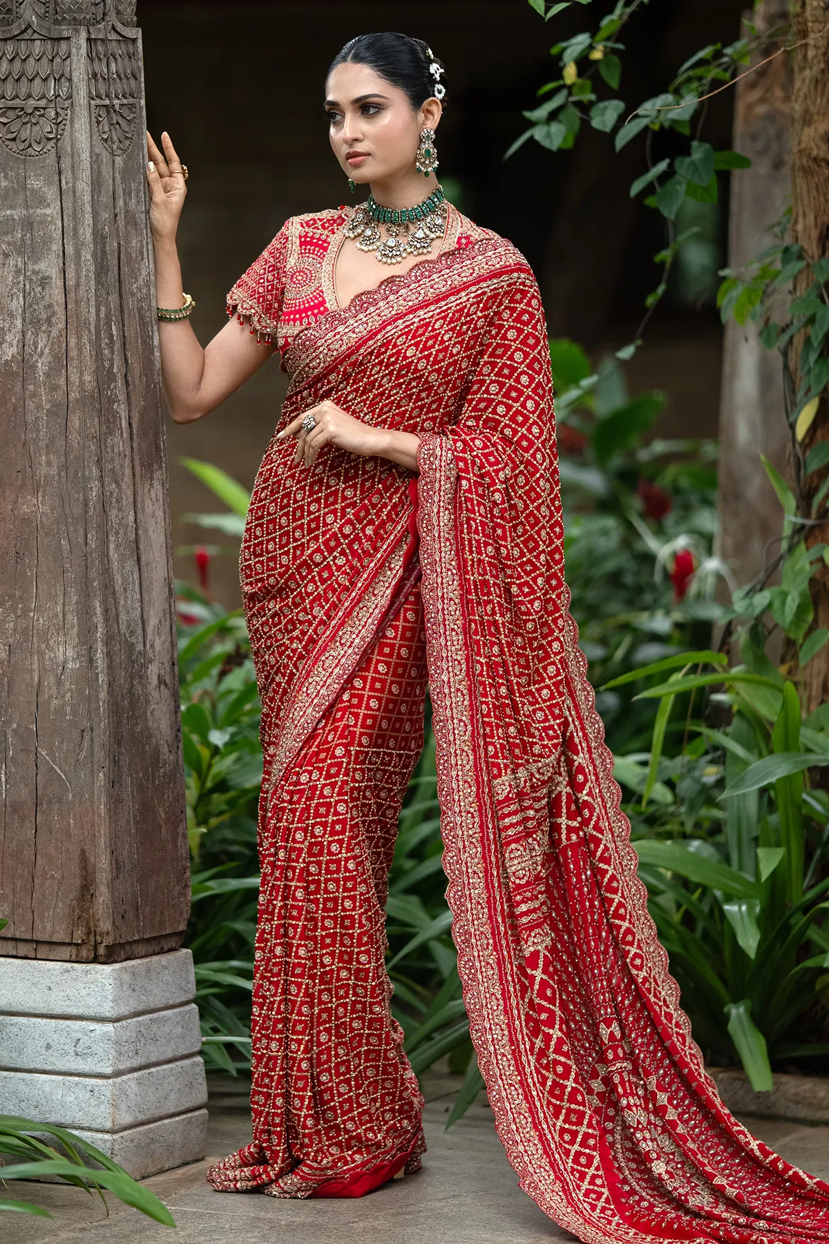 Crimson red printed crepe designer saree